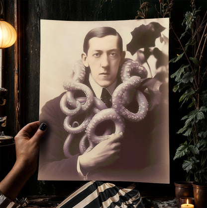 HP Lovecraft Cthulhu Kraken Poster, Vintage Victorian Horror, Victorian Print, Vintage Photography, Lovecraft portrait, Creepy Poster.