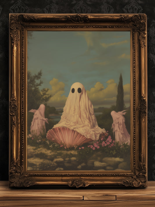 Cute Birth Of A Ghost Poster, Halloween Art Print, Dark Academia Decor, Vintage Fall Decor, Whimsical Spooky Gothic Aesthetic