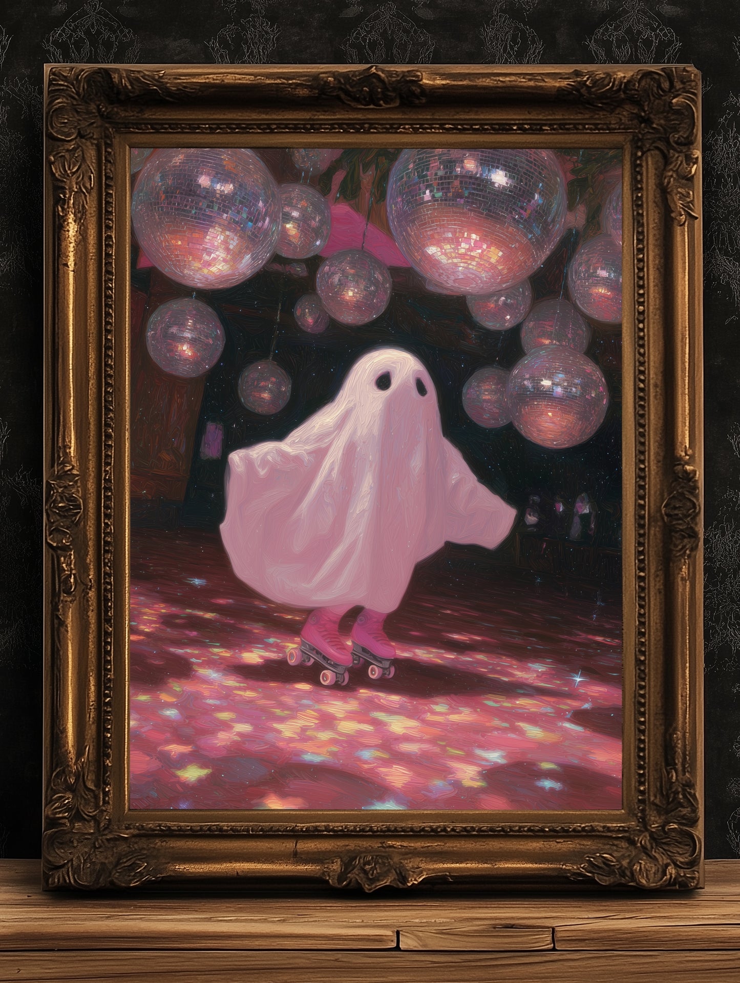 Funny Ghost Poster, Cute Pink Disco Ghost on Roller Skates, Gothic Painting, Dark Academia Wall Art, Halloween Whimsigoth Decor Gift