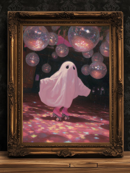 Funny Ghost Poster, Cute Pink Disco Ghost on Roller Skates, Gothic Painting, Dark Academia Wall Art, Halloween Whimsigoth Decor Gift