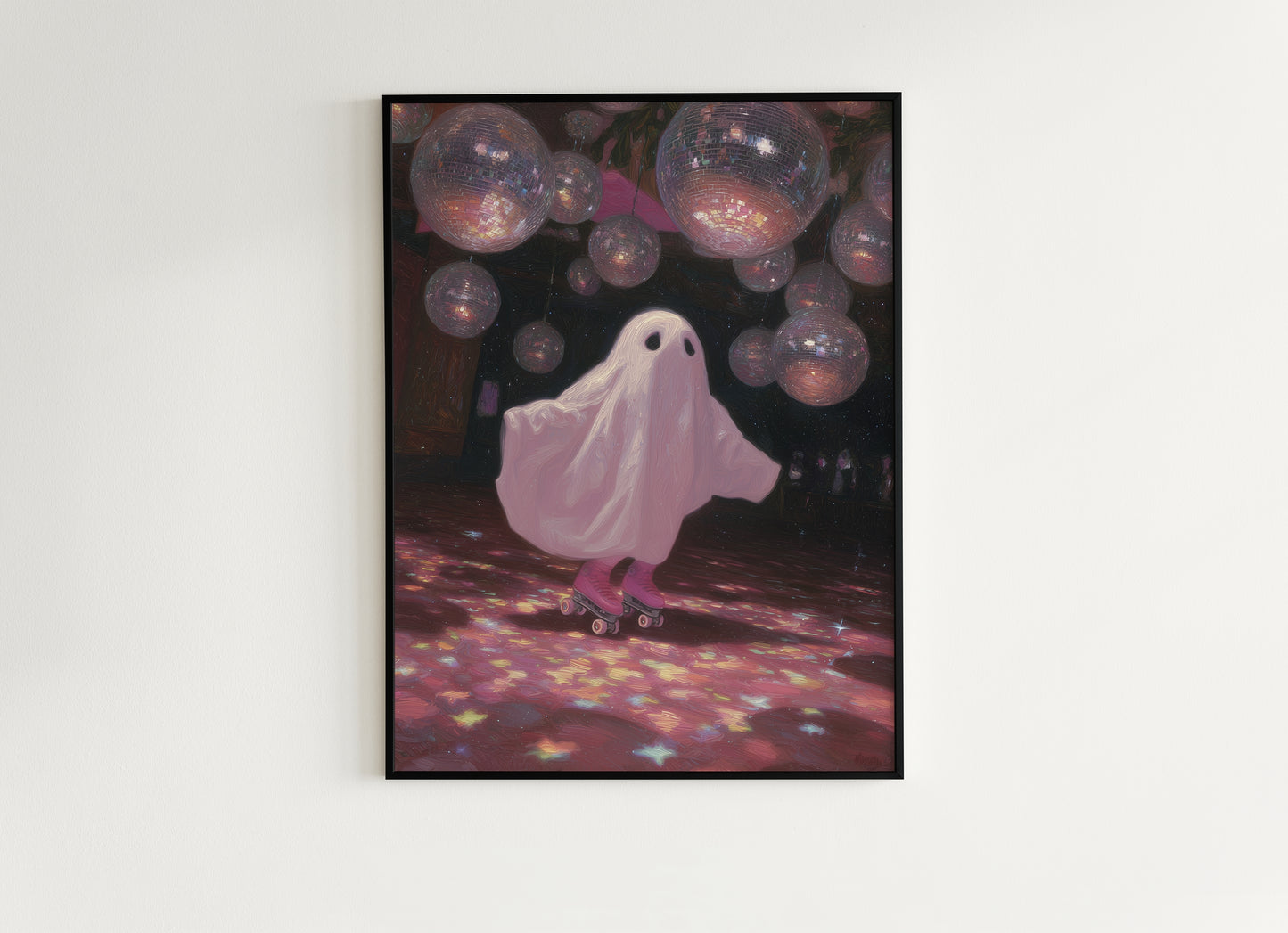 Funny Ghost Poster, Cute Pink Disco Ghost on Roller Skates, Gothic Painting, Dark Academia Wall Art, Halloween Whimsigoth Decor Gift