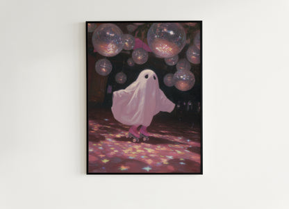 Funny Ghost Poster, Cute Pink Disco Ghost on Roller Skates, Gothic Painting, Dark Academia Wall Art, Halloween Whimsigoth Decor Gift
