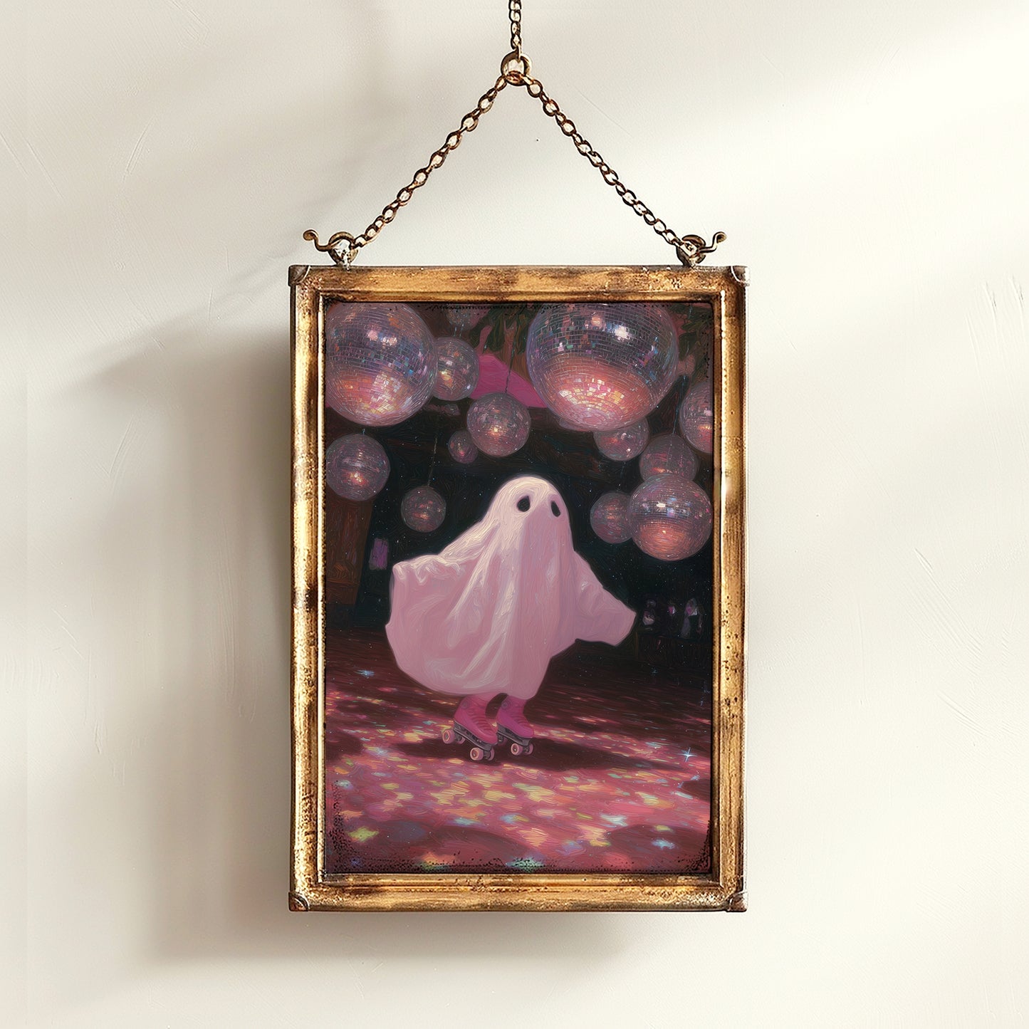 Funny Ghost Poster, Cute Pink Disco Ghost on Roller Skates, Gothic Painting, Dark Academia Wall Art, Halloween Whimsigoth Decor Gift