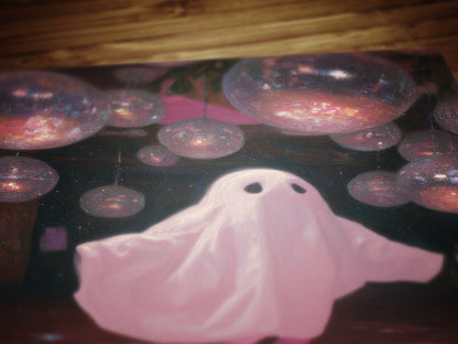Funny Ghost Poster, Cute Pink Disco Ghost on Roller Skates, Gothic Painting, Dark Academia Wall Art, Halloween Whimsigoth Decor Gift