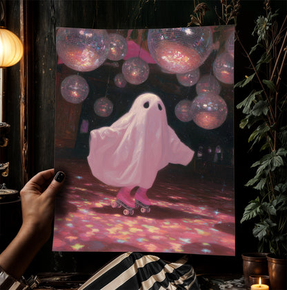 Funny Ghost Poster, Cute Pink Disco Ghost on Roller Skates, Gothic Painting, Dark Academia Wall Art, Halloween Whimsigoth Decor Gift