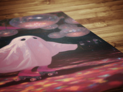 Funny Ghost Poster, Cute Pink Disco Ghost on Roller Skates, Gothic Painting, Dark Academia Wall Art, Halloween Whimsigoth Decor Gift