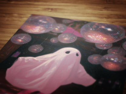 Funny Ghost Poster, Cute Pink Disco Ghost on Roller Skates, Gothic Painting, Dark Academia Wall Art, Halloween Whimsigoth Decor Gift