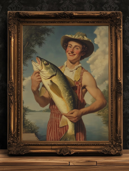 Funny Fisherman Tinder Photo With His Giant Catch Poster, Dark Humor Art Print, Whimsical Meme Decor, Surreal Fishing Gift for Him