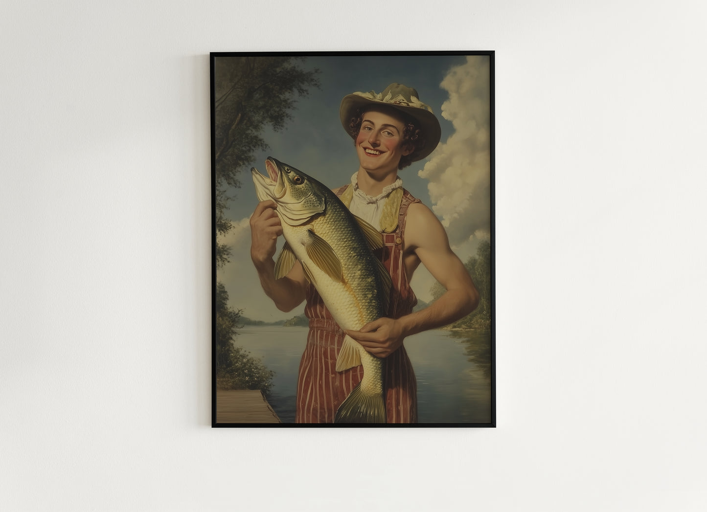 Funny Fisherman Tinder Photo With His Giant Catch Poster, Dark Humor Art Print, Whimsical Meme Decor, Surreal Fishing Gift for Him
