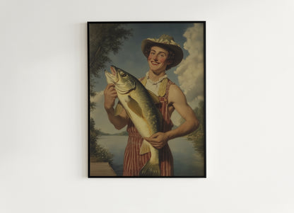 Funny Fisherman Tinder Photo With His Giant Catch Poster, Dark Humor Art Print, Whimsical Meme Decor, Surreal Fishing Gift for Him