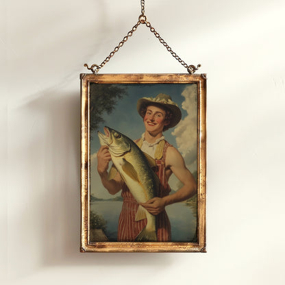 Funny Fisherman Tinder Photo With His Giant Catch Poster, Dark Humor Art Print, Whimsical Meme Decor, Surreal Fishing Gift for Him