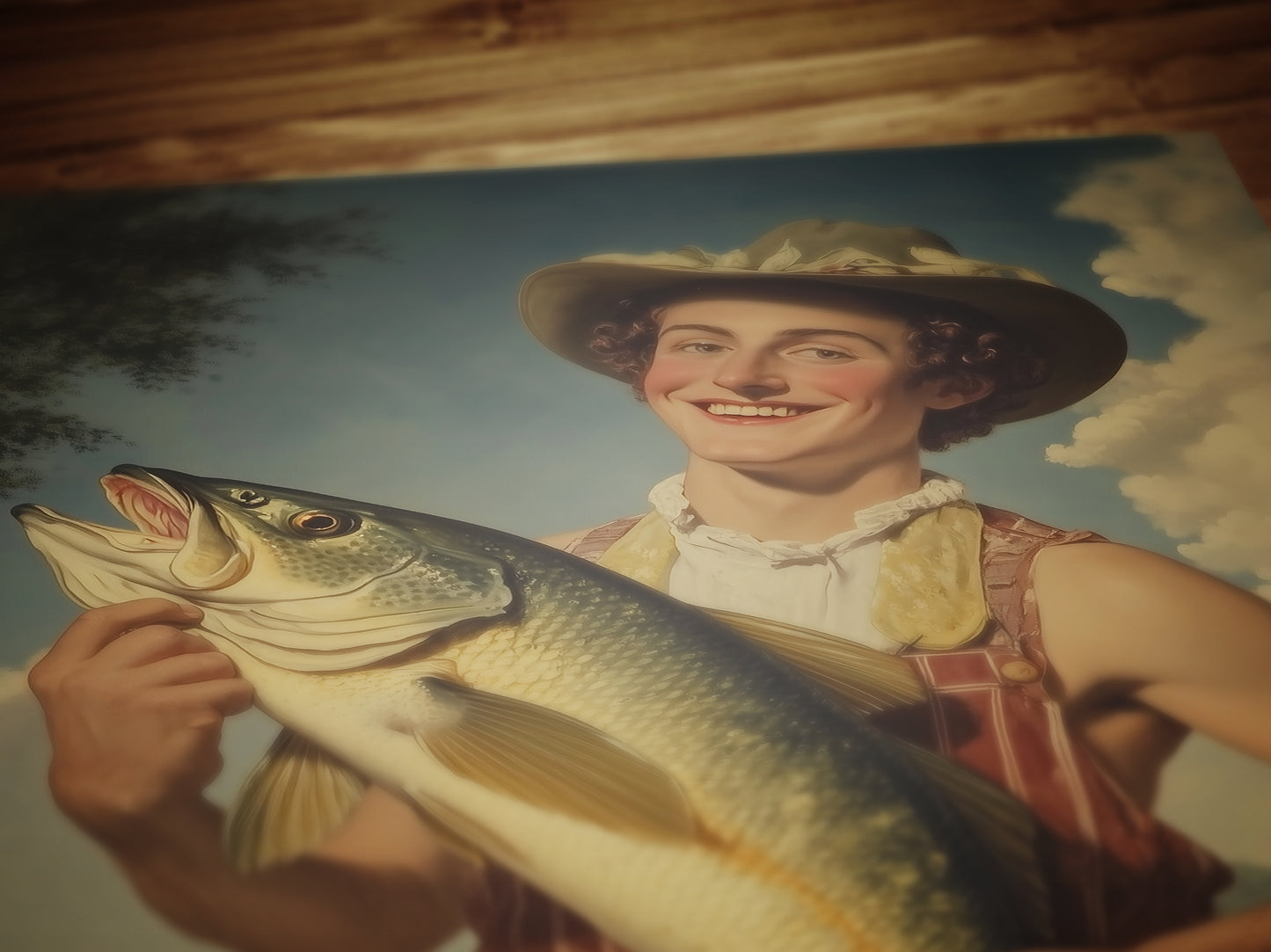 Funny Fisherman Tinder Photo With His Giant Catch Poster, Dark Humor Art Print, Whimsical Meme Decor, Surreal Fishing Gift for Him