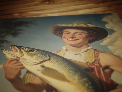Funny Fisherman Tinder Photo With His Giant Catch Poster, Dark Humor Art Print, Whimsical Meme Decor, Surreal Fishing Gift for Him
