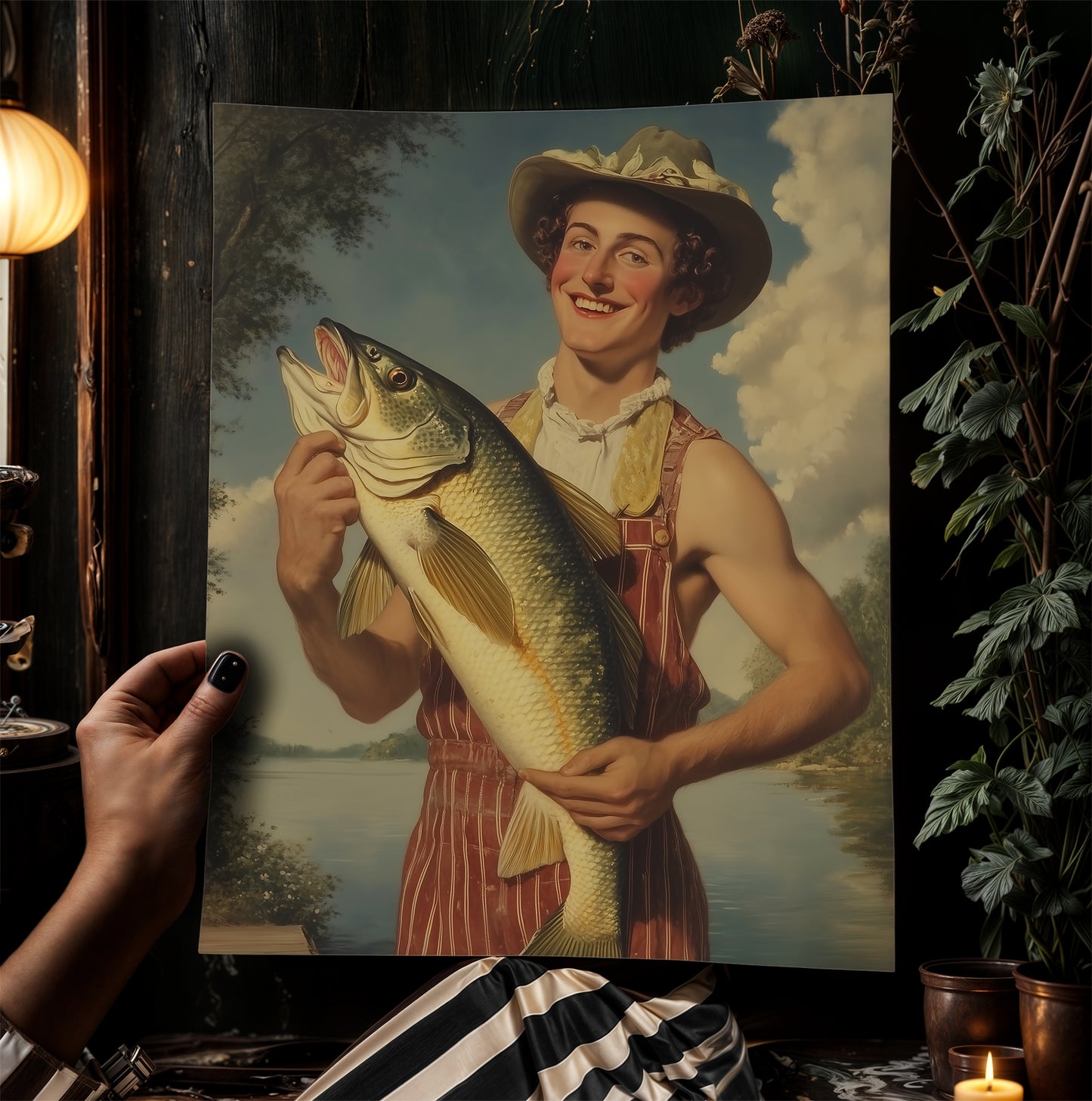 Funny Fisherman Tinder Photo With His Giant Catch Poster, Dark Humor Art Print, Whimsical Meme Decor, Surreal Fishing Gift for Him