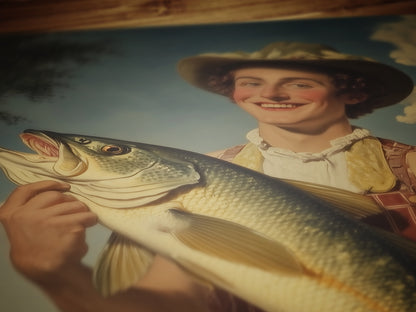 Funny Fisherman Tinder Photo With His Giant Catch Poster, Dark Humor Art Print, Whimsical Meme Decor, Surreal Fishing Gift for Him