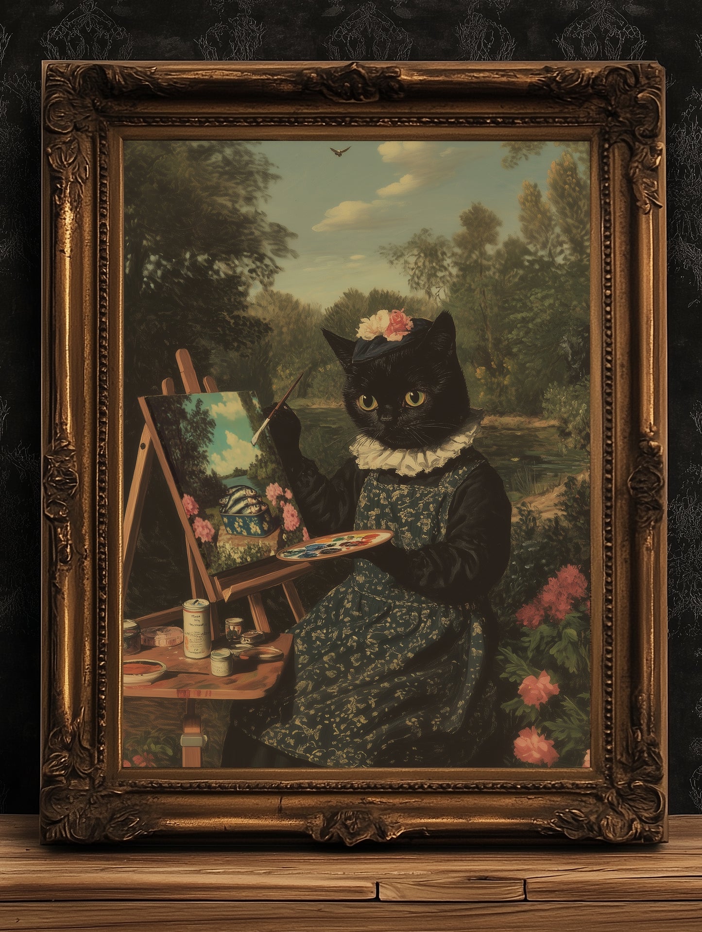 Catticelli, Funny Victorian Cat Painter Art Print, Gothic Cottagecore Poster, Whimsigoth Decor, Vintage Lovers and Soft Weirdcore Aesthetic