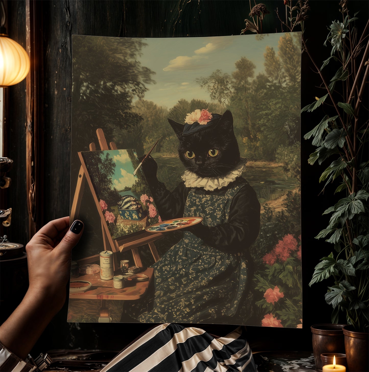 Catticelli, Funny Victorian Cat Painter Art Print, Gothic Cottagecore Poster, Whimsigoth Decor, Vintage Lovers and Soft Weirdcore Aesthetic