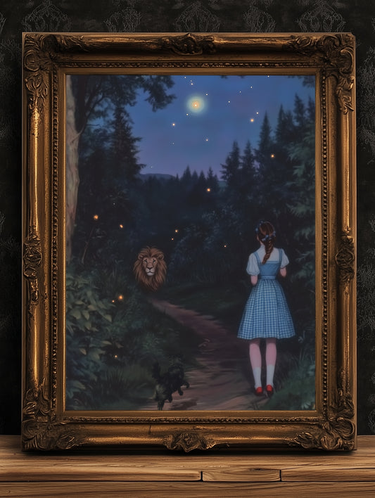 The Cowardly Lion, Whimsical Wizard of Oz Wall Art Print, Dorothy, Toto and the Cowardly Lion Under the Stars on a Magical Forest Path