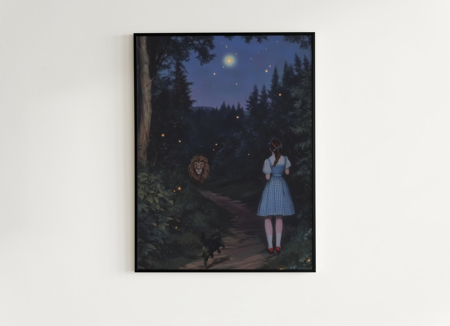 The Cowardly Lion, Whimsical Wizard of Oz Wall Art Print, Dorothy, Toto and the Cowardly Lion Under the Stars on a Magical Forest Path