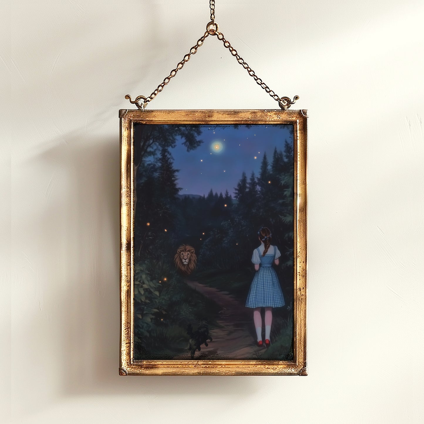 The Cowardly Lion, Whimsical Wizard of Oz Wall Art Print, Dorothy, Toto and the Cowardly Lion Under the Stars on a Magical Forest Path