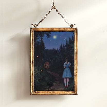 The Cowardly Lion, Whimsical Wizard of Oz Wall Art Print, Dorothy, Toto and the Cowardly Lion Under the Stars on a Magical Forest Path