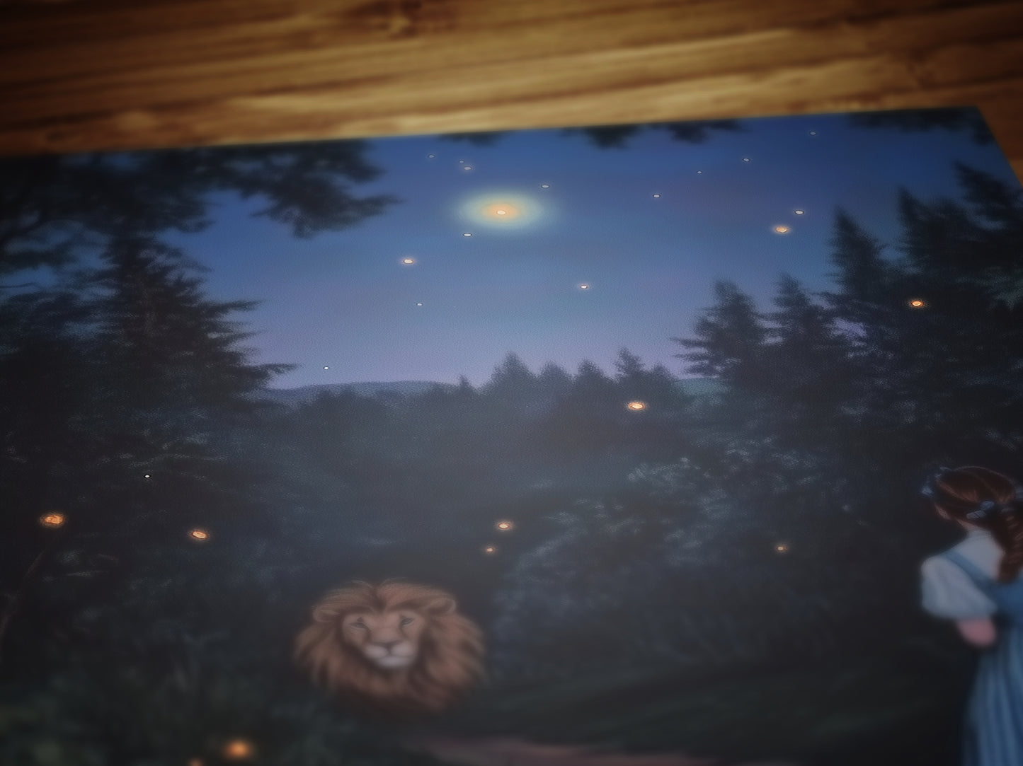 The Cowardly Lion, Whimsical Wizard of Oz Wall Art Print, Dorothy, Toto and the Cowardly Lion Under the Stars on a Magical Forest Path