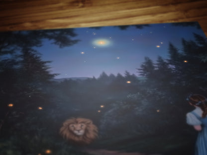 The Cowardly Lion, Whimsical Wizard of Oz Wall Art Print, Dorothy, Toto and the Cowardly Lion Under the Stars on a Magical Forest Path