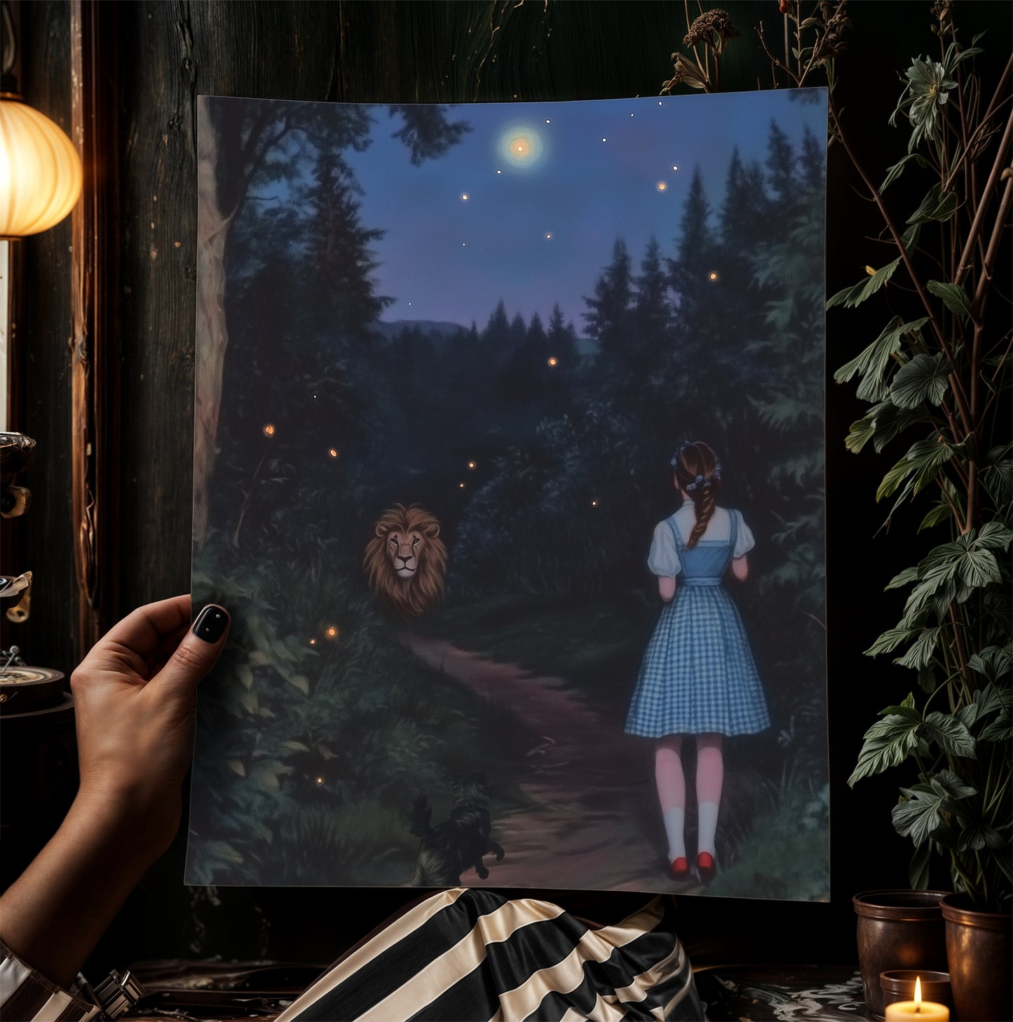 The Cowardly Lion, Whimsical Wizard of Oz Wall Art Print, Dorothy, Toto and the Cowardly Lion Under the Stars on a Magical Forest Path