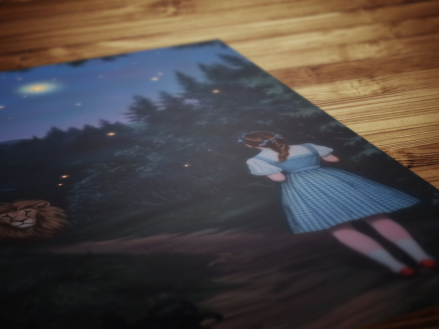 The Cowardly Lion, Whimsical Wizard of Oz Wall Art Print, Dorothy, Toto and the Cowardly Lion Under the Stars on a Magical Forest Path