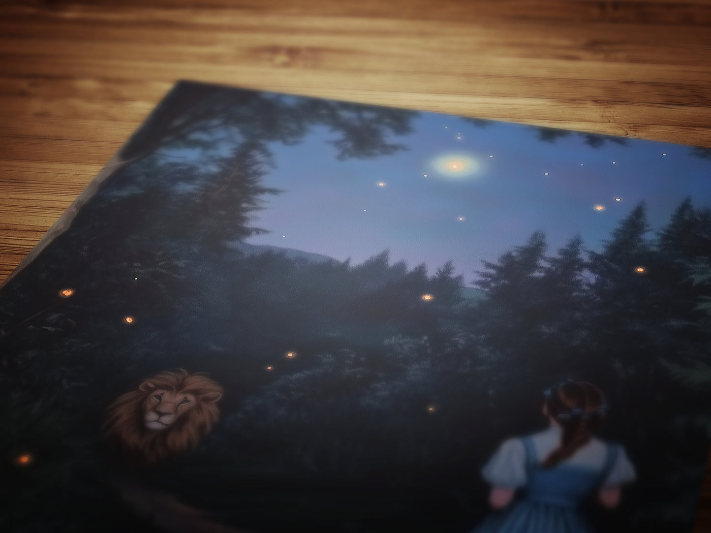 The Cowardly Lion, Whimsical Wizard of Oz Wall Art Print, Dorothy, Toto and the Cowardly Lion Under the Stars on a Magical Forest Path