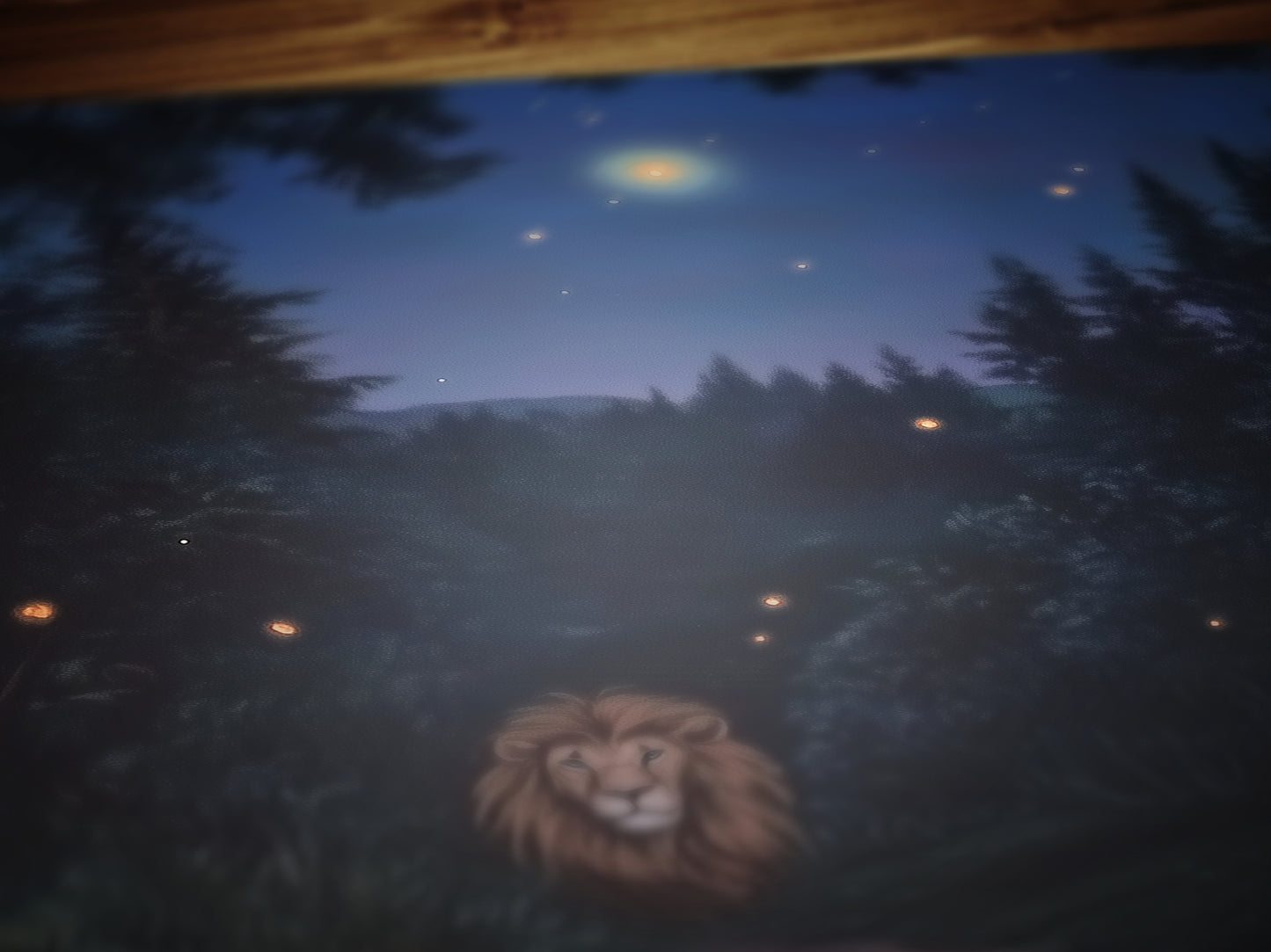 The Cowardly Lion, Whimsical Wizard of Oz Wall Art Print, Dorothy, Toto and the Cowardly Lion Under the Stars on a Magical Forest Path