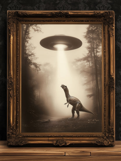 T-Rex Dinosaur Abducted by UFO, Cottagecore Poster, Art Poster Print, Dark Academia, Gothic Spooky, Halloween Art, Spooky Space, Sci fi