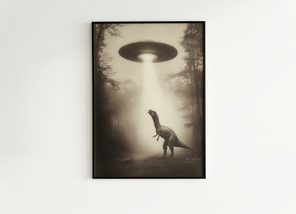 T-Rex Dinosaur Abducted by UFO, Cottagecore Poster, Art Poster Print, Dark Academia, Gothic Spooky, Halloween Art, Spooky Space, Sci fi