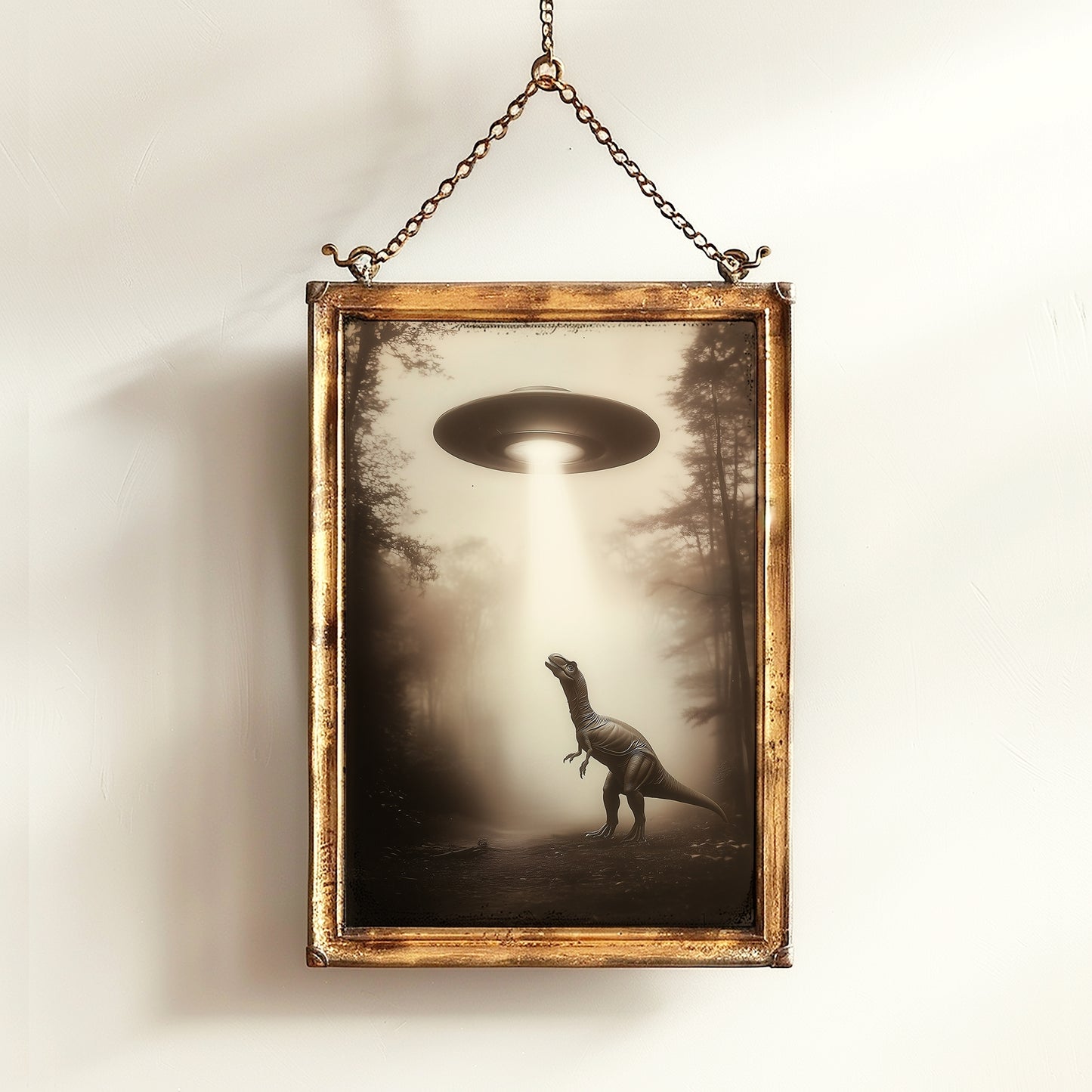 T-Rex Dinosaur Abducted by UFO, Cottagecore Poster, Art Poster Print, Dark Academia, Gothic Spooky, Halloween Art, Spooky Space, Sci fi
