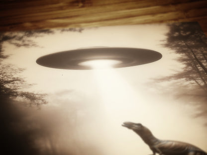 T-Rex Dinosaur Abducted by UFO, Cottagecore Poster, Art Poster Print, Dark Academia, Gothic Spooky, Halloween Art, Spooky Space, Sci fi