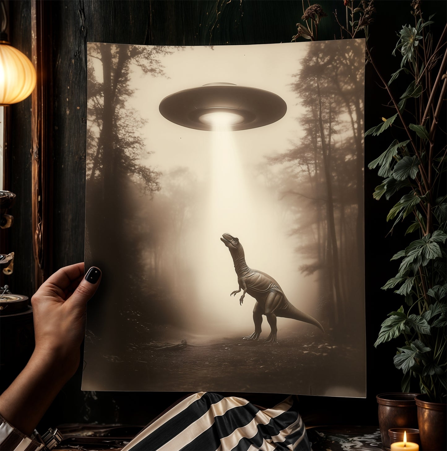 T-Rex Dinosaur Abducted by UFO, Cottagecore Poster, Art Poster Print, Dark Academia, Gothic Spooky, Halloween Art, Spooky Space, Sci fi