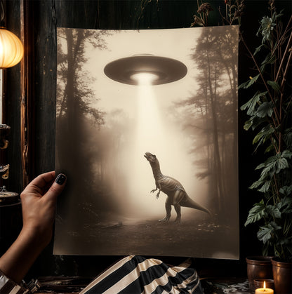 T-Rex Dinosaur Abducted by UFO, Cottagecore Poster, Art Poster Print, Dark Academia, Gothic Spooky, Halloween Art, Spooky Space, Sci fi