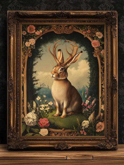 Moody Jackalope Art Print, Surreal Floral Hare Hybrid Wall Decor, Mystical Forest Animal Portrait, Cryptid Fairycore Wall Art
