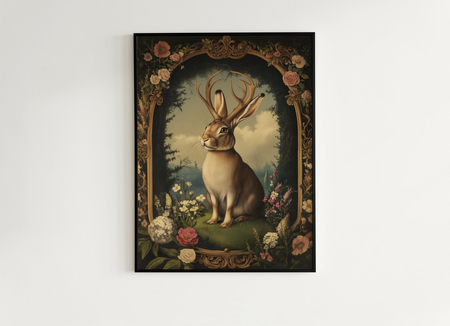 Moody Jackalope Art Print, Surreal Floral Hare Hybrid Wall Decor, Mystical Forest Animal Portrait, Cryptid Fairycore Wall Art