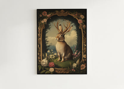 Moody Jackalope Art Print, Surreal Floral Hare Hybrid Wall Decor, Mystical Forest Animal Portrait, Cryptid Fairycore Wall Art