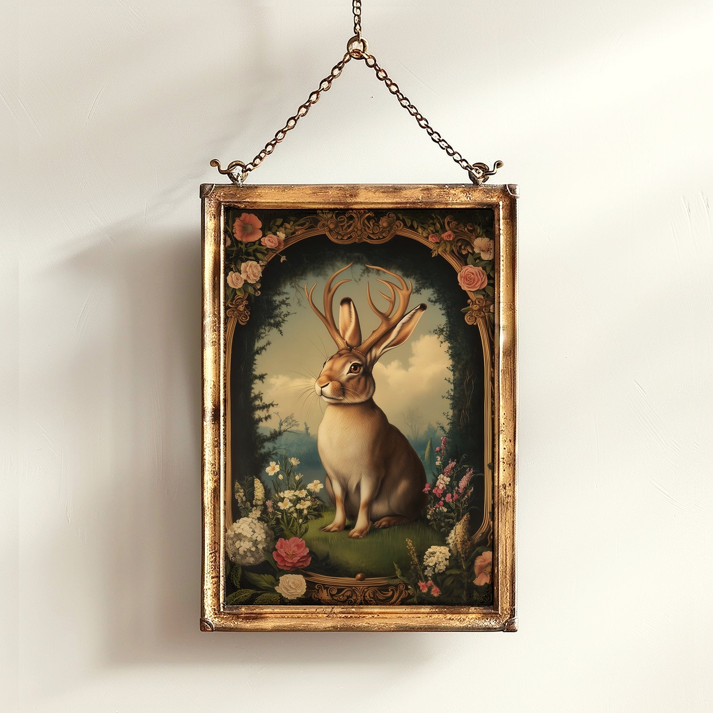 Moody Jackalope Art Print, Surreal Floral Hare Hybrid Wall Decor, Mystical Forest Animal Portrait, Cryptid Fairycore Wall Art