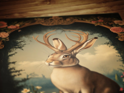 Moody Jackalope Art Print, Surreal Floral Hare Hybrid Wall Decor, Mystical Forest Animal Portrait, Cryptid Fairycore Wall Art