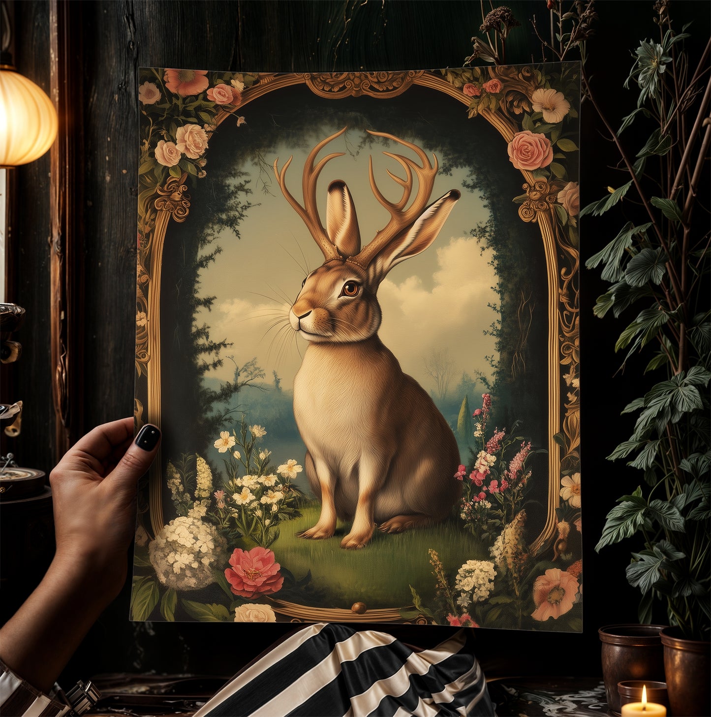Moody Jackalope Art Print, Surreal Floral Hare Hybrid Wall Decor, Mystical Forest Animal Portrait, Cryptid Fairycore Wall Art