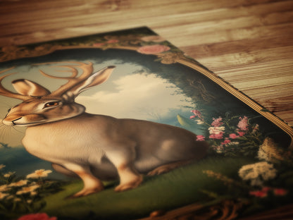 Moody Jackalope Art Print, Surreal Floral Hare Hybrid Wall Decor, Mystical Forest Animal Portrait, Cryptid Fairycore Wall Art