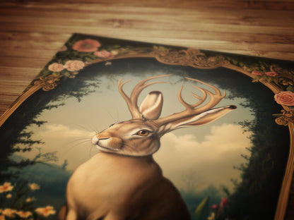 Moody Jackalope Art Print, Surreal Floral Hare Hybrid Wall Decor, Mystical Forest Animal Portrait, Cryptid Fairycore Wall Art