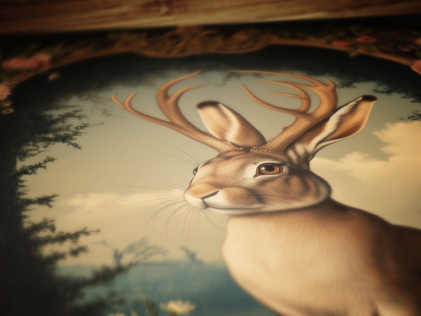 Moody Jackalope Art Print, Surreal Floral Hare Hybrid Wall Decor, Mystical Forest Animal Portrait, Cryptid Fairycore Wall Art