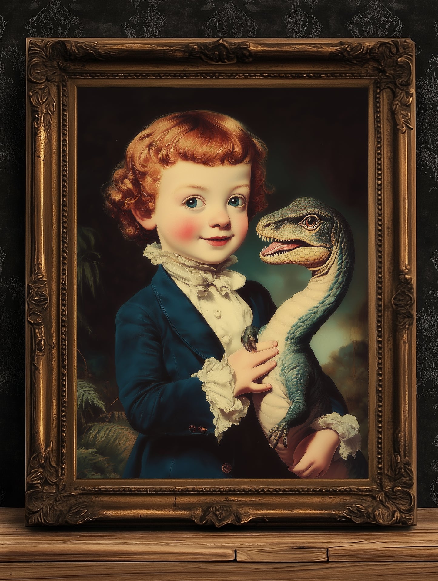 Cute Surreal Dinosaur Pet Portrait Wall Art, Whimsical Kids Room And Nursery Decor, Vintage Quirky Illustration Print