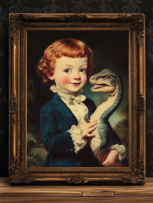 Cute Surreal Dinosaur Pet Portrait Wall Art, Whimsical Kids Room And Nursery Decor, Vintage Quirky Illustration Print