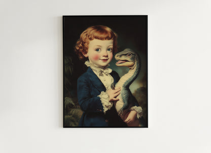 Cute Surreal Dinosaur Pet Portrait Wall Art, Whimsical Kids Room And Nursery Decor, Vintage Quirky Illustration Print
