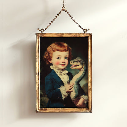 Cute Surreal Dinosaur Pet Portrait Wall Art, Whimsical Kids Room And Nursery Decor, Vintage Quirky Illustration Print